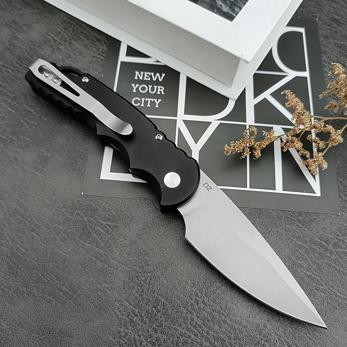 HUAAO 7.5??Assisted Opening Push Button Folding Pocket Knife, 2.8??D2 Blade Aluminum Alloy Handles