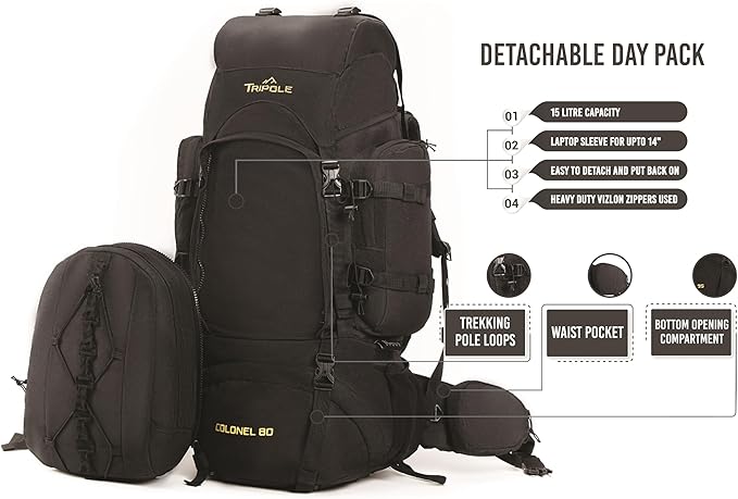 Tripole Colonel 80 Litres Internal Frame Trekking and Hiking Rucksack + Detachable Day Pack, Rain