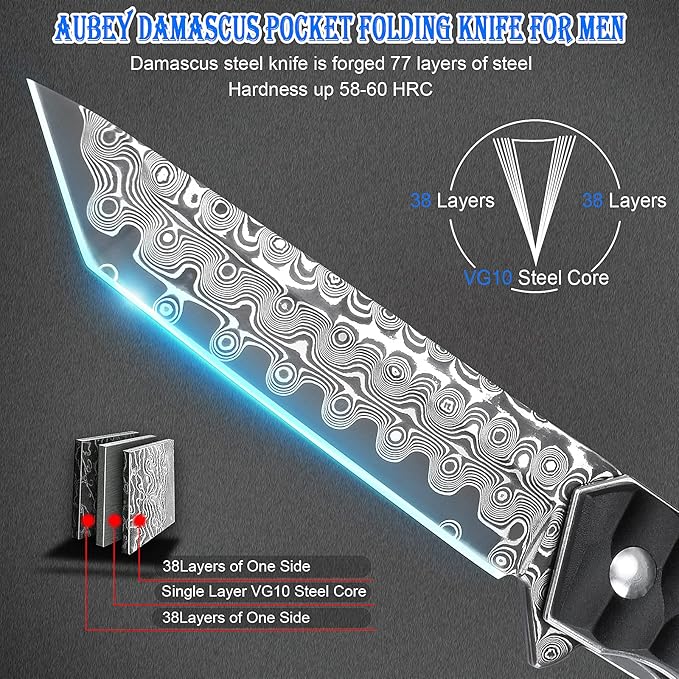 AUBEY Damascus Pocket Knife with Clip, Tanto Blade Damascus Steel Folding Knives for Men Tactical