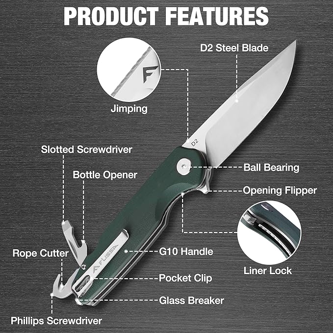 FLISSA Multitool Pocket Knife, 3.3" D2 Blade with G10 Handle, Liner Lock Folding Knife with Glass