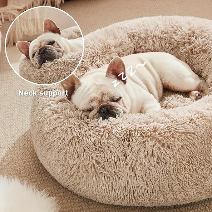 Love's cabin Calming Dog & Cat Bed, Cat Bed for Indoor Cats, Anti-Anxiety Donut Round Bed, Fluffy
