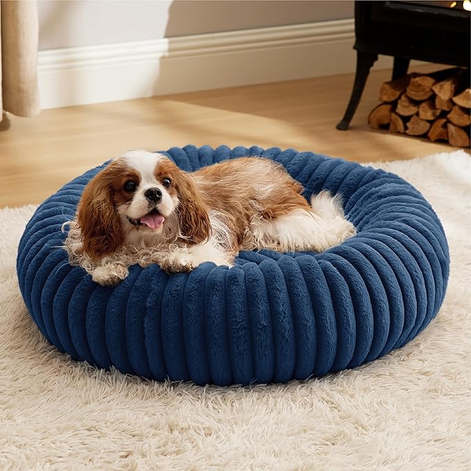 Bedsure Donut Medium Dog Bed - Washable Faux Fur with Corduroy Fleece & Anti Slip Bottom, Round Pet
