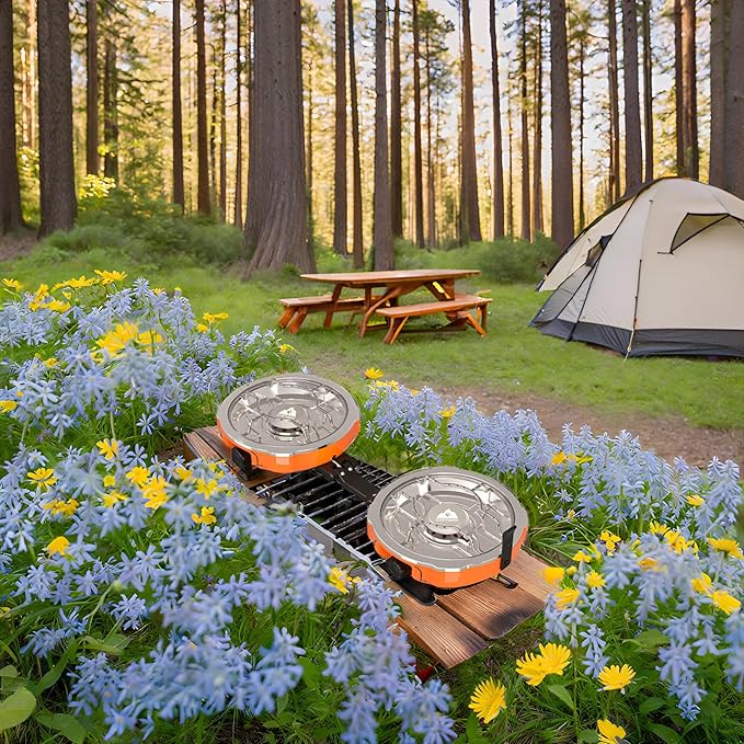20,000 BTUs 2 Burner Propane Camping Stove, Portable Folding Camp Stove with Adjustable Burners