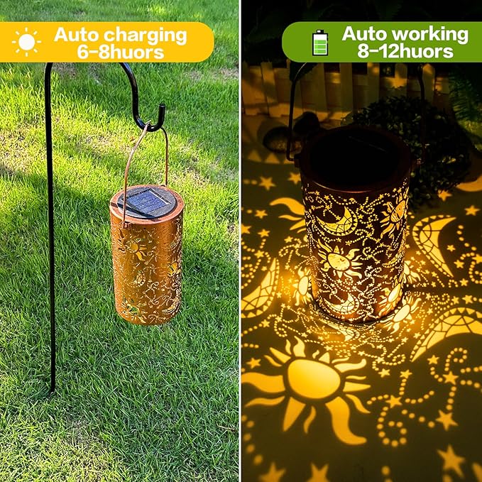 Solar Lanterns Outdoor Hanging Lantern Lights,Sun Moon Metal Decor Lanterns-Waterproof LED