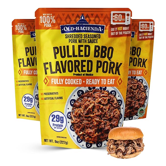Old Hacienda Pulled BBQ Flavored Pork | 100% Shredded Seasoned Pork with Sauce | Fully Cooked &