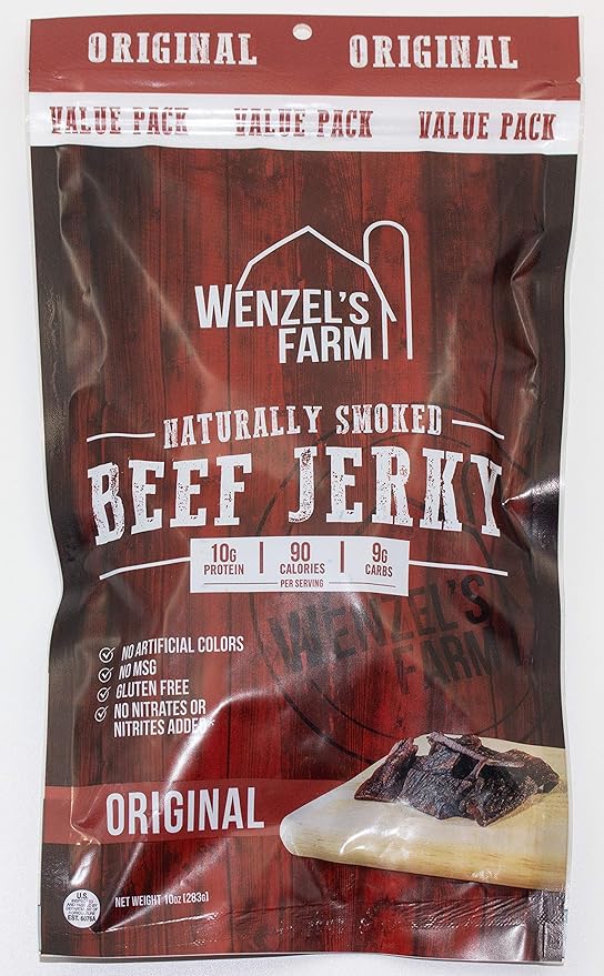 Wenzel's Farm Original Beef Jerky 10 oz. | Naturally Smoked | No MSG, Fillers, Binders, Artificial