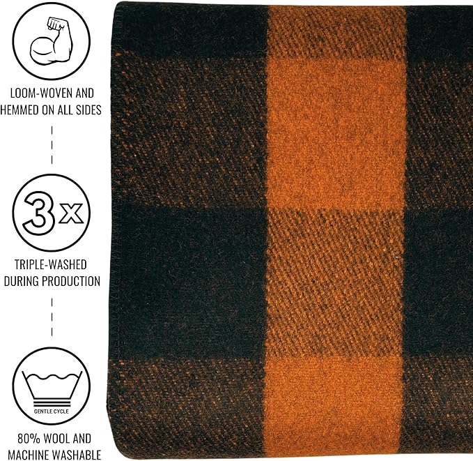 Arcturus Plaid Wool Blankets - 4.5lbs Warm, Heavy, Washable, Large | Great for Camping, Outdoors