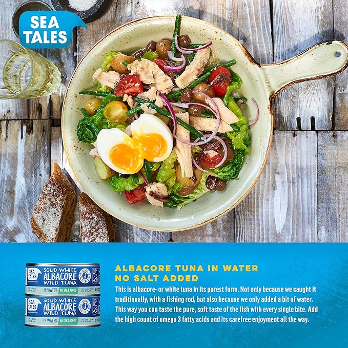 Sea Tales Solid White Albacore Canned Tuna in Water - No Salt Added - 100% Pole & Line Wild Sustainably Caught - BPA Free - High Protein Food - Keto Friendly - 5 oz. Cans (Pack of 12)