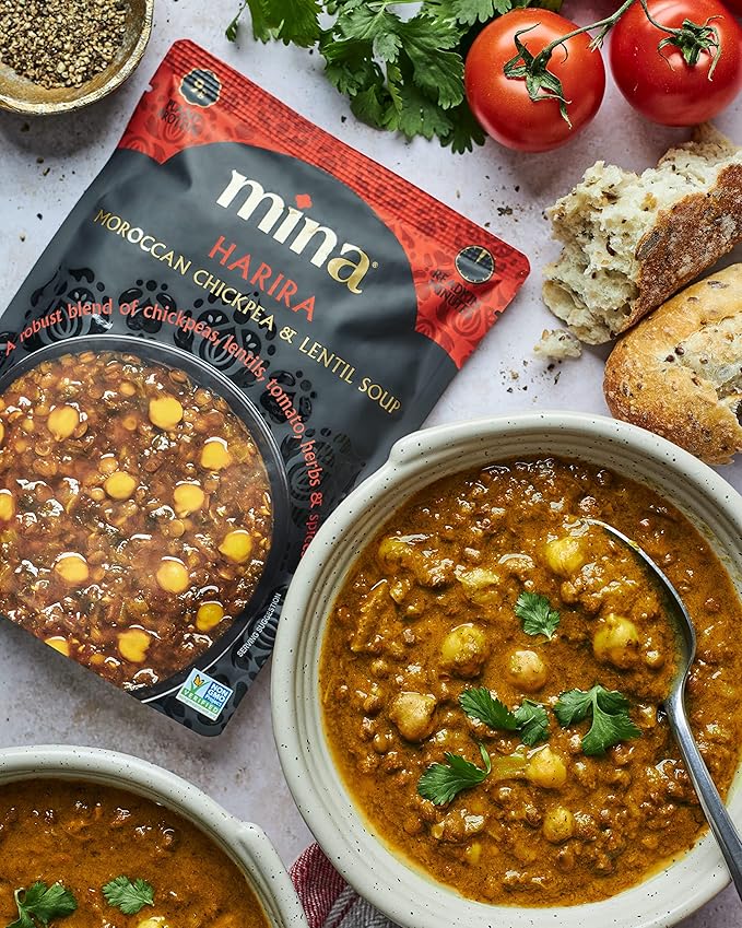 Mina Harira, Moroccan Chickpea & Lentil Soup, Ready to Eat Meals,10 oz Gluten Free Soup, High In