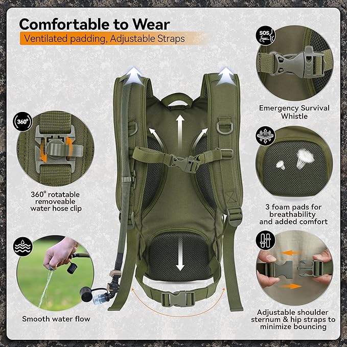 MARCHWAY Tactical Molle Hydration Pack with 2.5L TPU Water Bladder, Low-Profile Organized Military