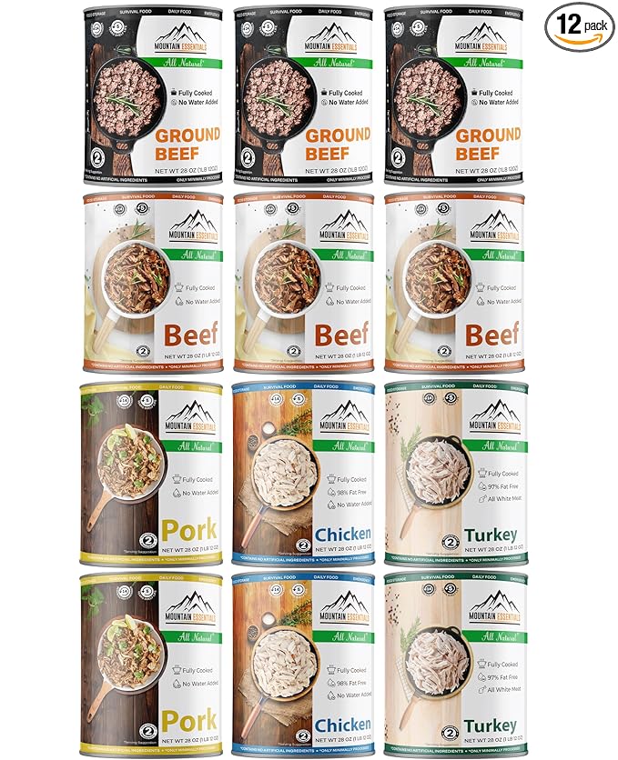 MOUNTAIN ESSENTIALS Fully Cooked Ready to Eat Canned Meat Variety Pack 28 Oz – 3 Beef, 3 Ground
