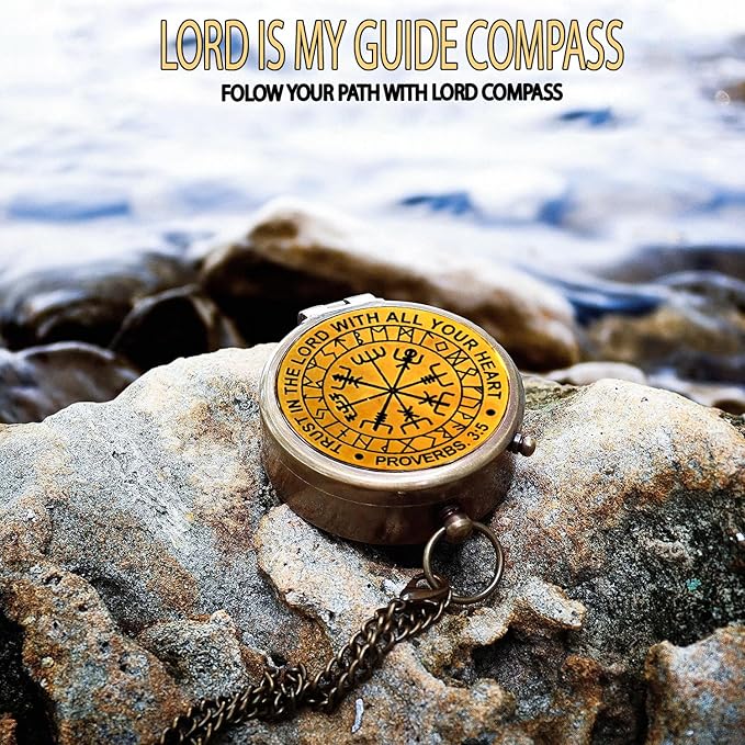 Trust in The Lord With All Your Heart - Proverbs 3:5-6 Quote Engraved Compass With Wooden Box
