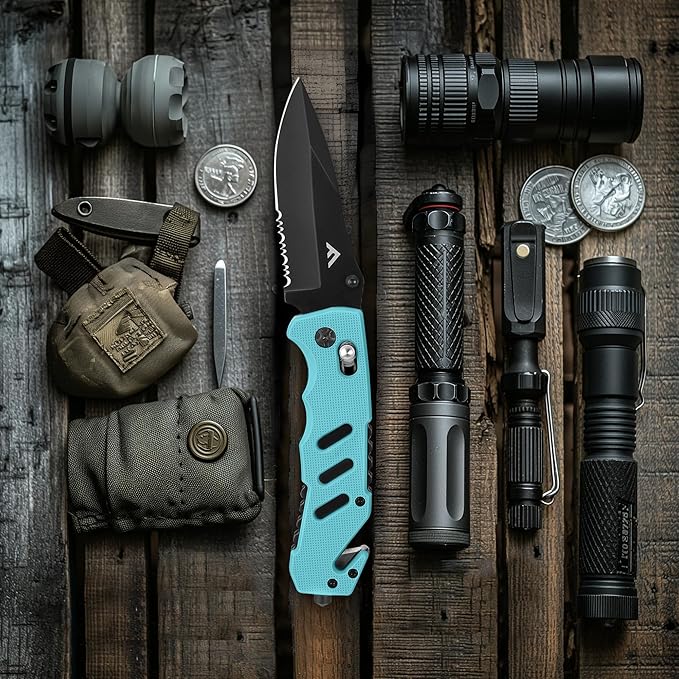 FLISSA Folding Pocket Knife with Clip, Glass Breaker and Seatbelt Cutter, Survival Knife for