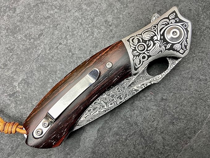 TACTICAL GEARZ Damascus Pocket Folding Knife, Natural Rosewood Handle, Damascus Steel Blade