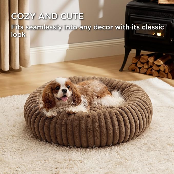 Bedsure Donut Medium Dog Bed - Washable Faux Fur with Corduroy Fleece & Anti Slip Bottom, Round Pet