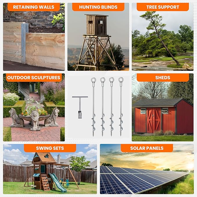 Earth Anchors - 18" Set of 4 Heavy Duty Ground Stakes - Screw in Anchors for Mobile Homes, Sheds