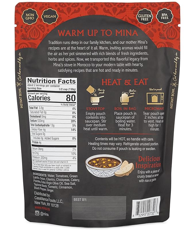 Mina Harira, Moroccan Chickpea & Lentil Soup, Ready to Eat Meals,10 oz Gluten Free Soup, High In