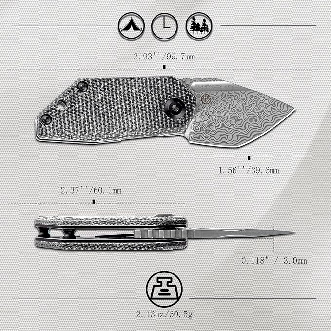 KANSEPT RIO Mini Pocket Folding Knives EDC Camping Folding Knife 1.56'' Damascus Blade Pocket EDC