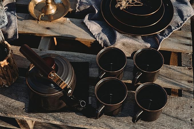 Barebones Enamel Cup Set- Enamel Coffee Mugs Set of 2 16-oz - Stainless Steel Rim Camping Mug for