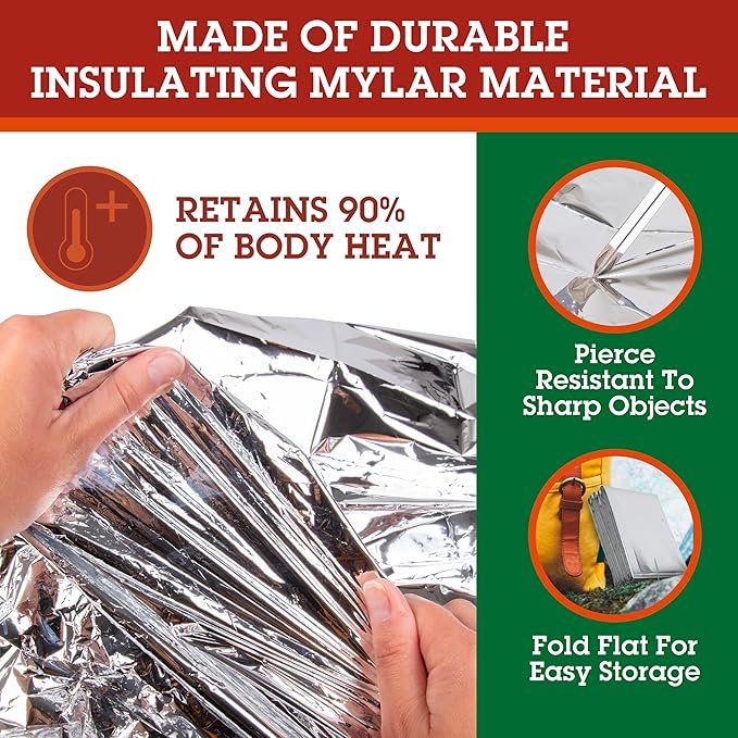 Emergency Mylar Blanket 4 Pack- 7' x 4' 1/3" Thermal Weatherproof Survival Gear- Durable Tearproof