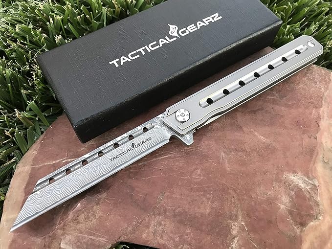 TACTICAL GEARZ Damascus Pocket Knife for EDC, Solid Titanium Handle, 67 Multi-Layered Damascus