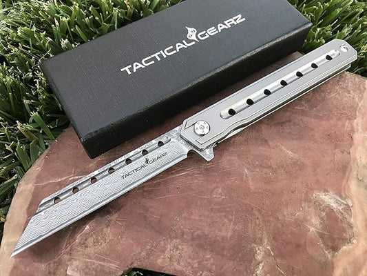 TACTICAL GEARZ Damascus Pocket Knife for EDC, Solid Titanium Handle, 67 Multi-Layered Damascus