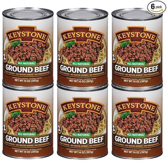 Keystone Meats All Natural Heat & Serve Ground Beef 14 Oz Fully Cooked Canned Meat 5-Year Shelf