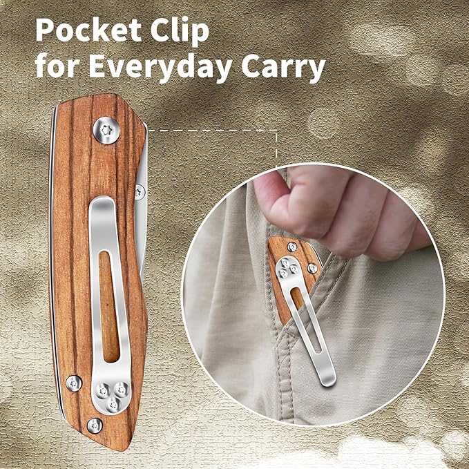 Vickay Folding Pocket Knife with Clip, 2.95" 8Cr13MoV Steel Blade, Wood Handle EDC Knife for Men &