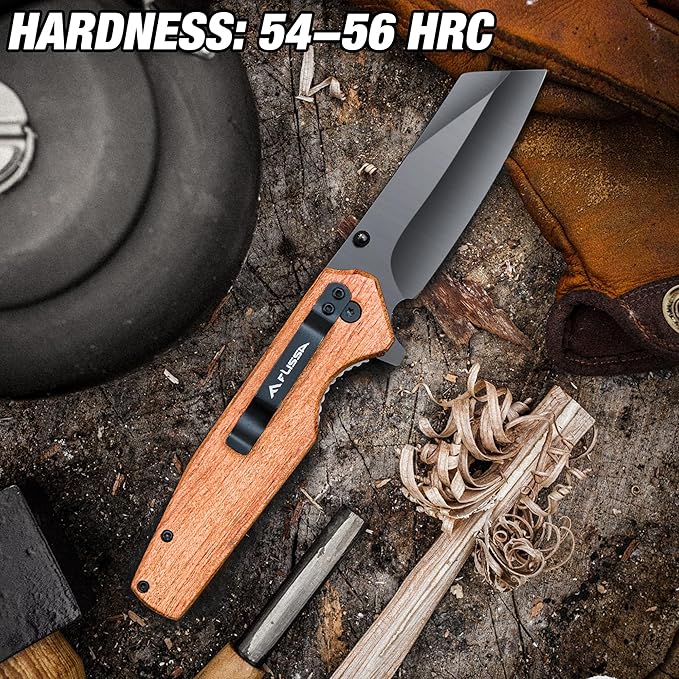 FLISSA Folding Knife, 4-3/4" Reverse Tanto Folding Pocket Knife, Black Stonewash Blade, Wood