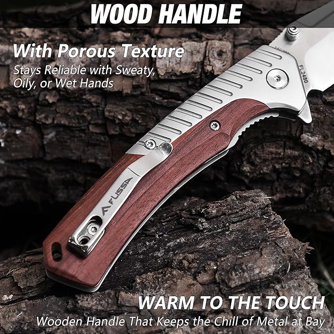 FLISSA Pocket Knife with 3.35" 14C28N Steel Blade, Liner Lock Folding Knife with Wood Handle for