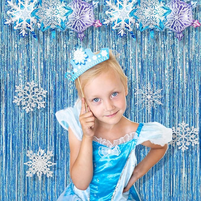 BRAVESHINE Light Blue Tinsel Foil Fringe Curtains - 2Pcs 3.2x8.2 ft Metallic Holiday Photo Booth
