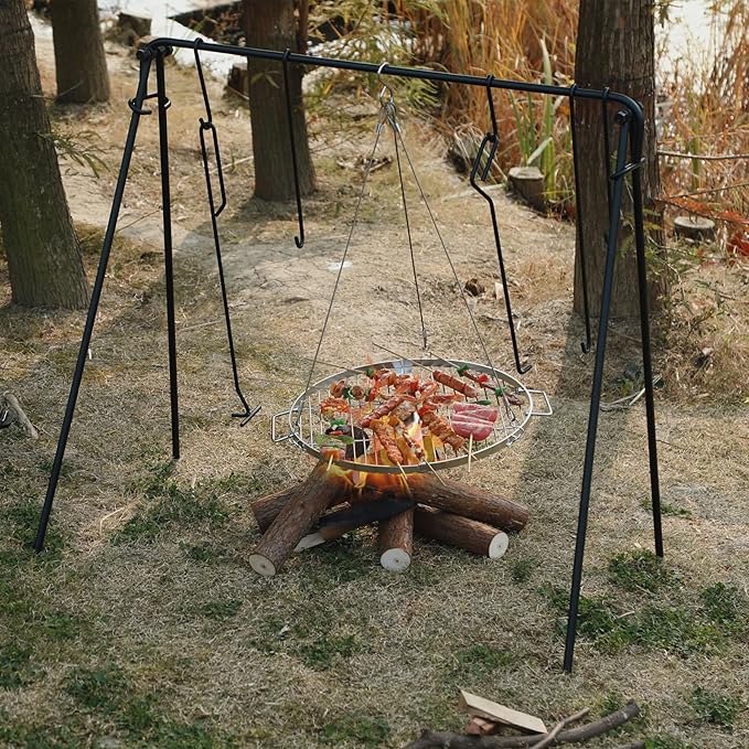 REDCAMP Swing Campfire Grill Stand - Collapsible Campfire Cooking Rack with 6 Hooks & Stainless