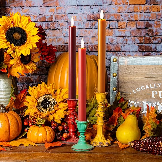 Fall Flameless Taper Candles with Remote and Timer, 10" 6pk LED Candlesticks, Battery Operated