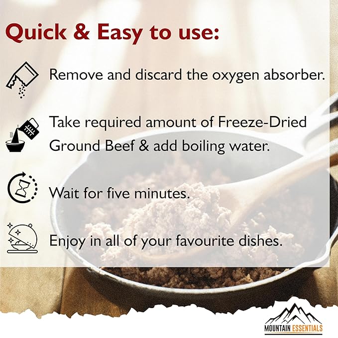 MOUNTAIN ESSENTIALS Freeze-Dried Ground Beef ??Pre-Cooked and Ready-to-Eat Hamburger Meat |