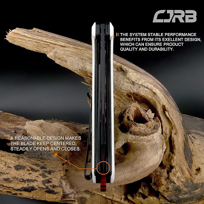 CJRB Tigris Pocket Knife, Folding Knife with AR-RPM9 Powder Steel Black PVD Blade Black & White G10