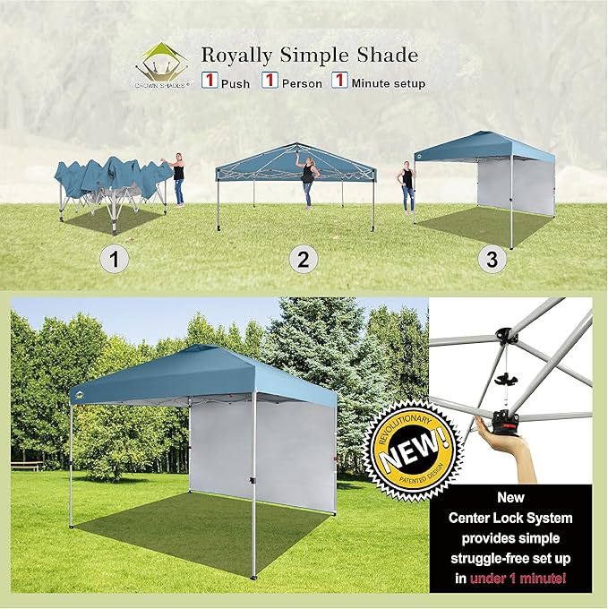 CROWN SHADES 10x10 Pop Up Canopy with 1 Side Wall - Beach Tent with One Push Setup - Outdoor Sun