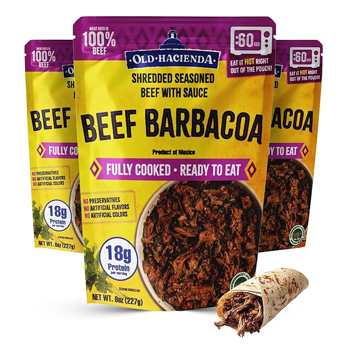 Old Hacienda Beef Barbacoa, | 100% Shredded Seasoned Beef with Sauce | Fully Cooked & Ready to Eat