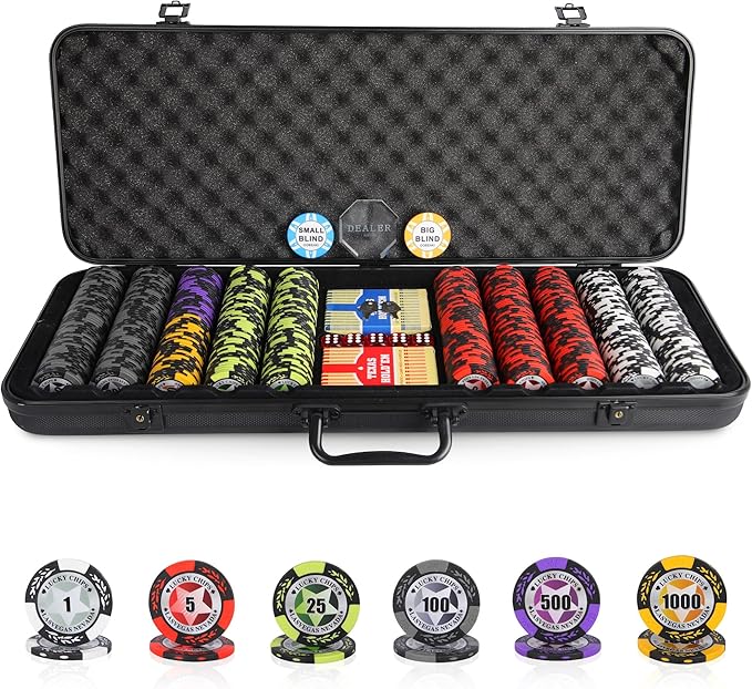 ORIENGEAR Poker Chip Set with Denominations, 500 PCS 14 Gram Clay Composite Casino Chips with ABS