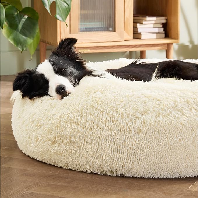Bedsure Calming Dog Bed for Large Dogs - Donut Washable Large Pet Bed, Anti-Slip Round Fluffy Plush