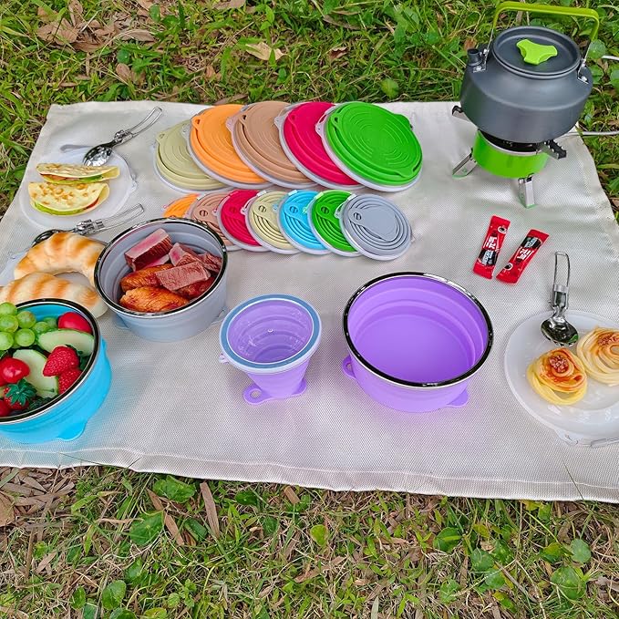 Mess Kit for Camping Silicone Collapsible Bowl Collapsible Cup and Stainless Steel Spoon for