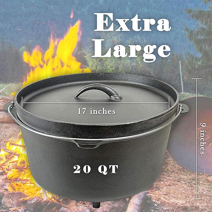 Cuisiland 20QT Cast Iron Dutch Oven with Lip Lid & Bail Handle – Extra Large Pre-Seasoned Campfire