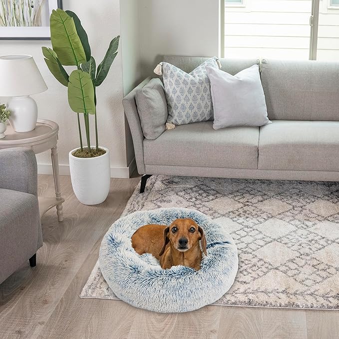 Best Friends by Sheri Original Calming Donut Dog and Cat Bed, Shag Faux Fur, Denim Blue, (23in x