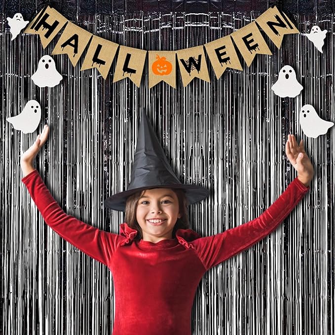 BRAVESHINE Black Halloweens Party Foil Fringe Curtains - 2 Pack Metallic Tinsel Photo Booth