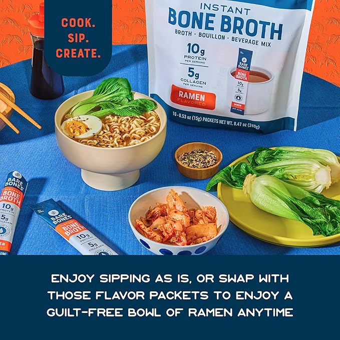 Bare Bones Bone Broth Instant Powdered Beverage Mix, Ramen, Pack of 16, 15g Sticks, 10g Protein