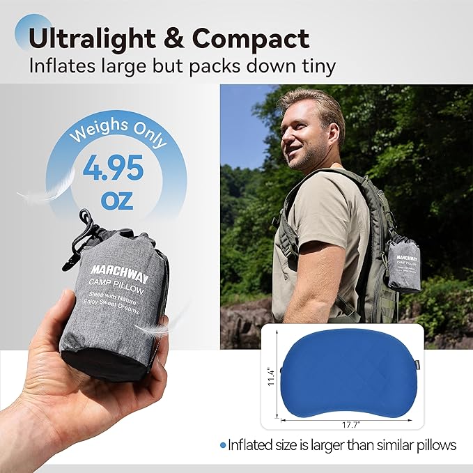 MARCHWAY Ultralight Inflatable Camping Pillow with Soft Washable Cover, Compact Compressible