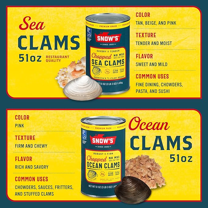 Snow's Ocean Chopped Clams Canned, 51 oz Can - 7g Protein per Serving - Gluten Free, No MSG, 99%