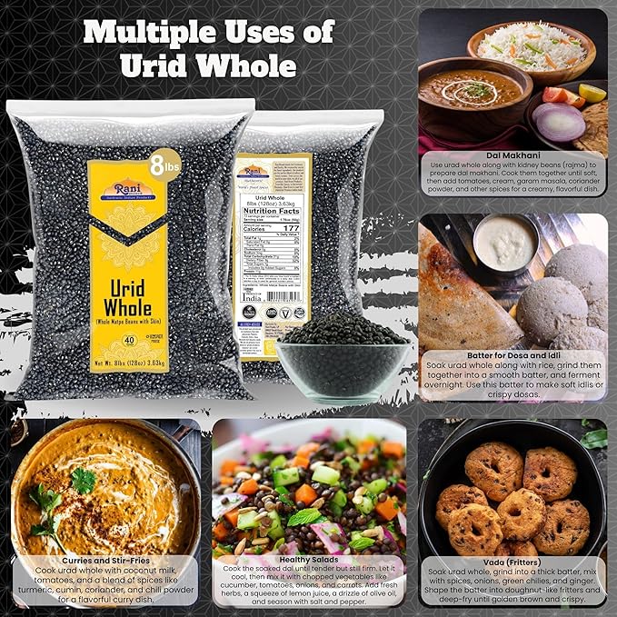 Rani Urid/Urad Whole Black (Matpe Beans with Skin) Indian Lentils 128oz (8lbs) 3.63kg Bulk ~ All