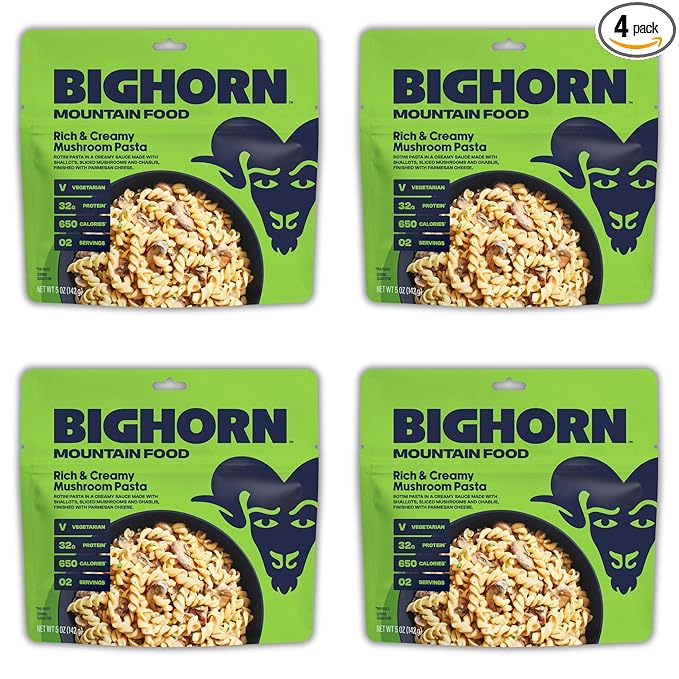 BIGHORN Mountain Food Vegetarian Creamy Mushroom Pasta - contains 4 packs | 8 servings | 128g