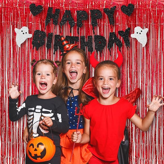 BRAVESHINE Red Tinsel Foil Fringe Curtains - 2Pcs 3.2x8.2ft Holidays Photo Booth Backdrop for