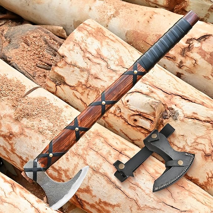 22-Inch Hand-Forged Viking Bearded Axe with Sheath – Survival & Camping Hatchet for Men – Best Gift